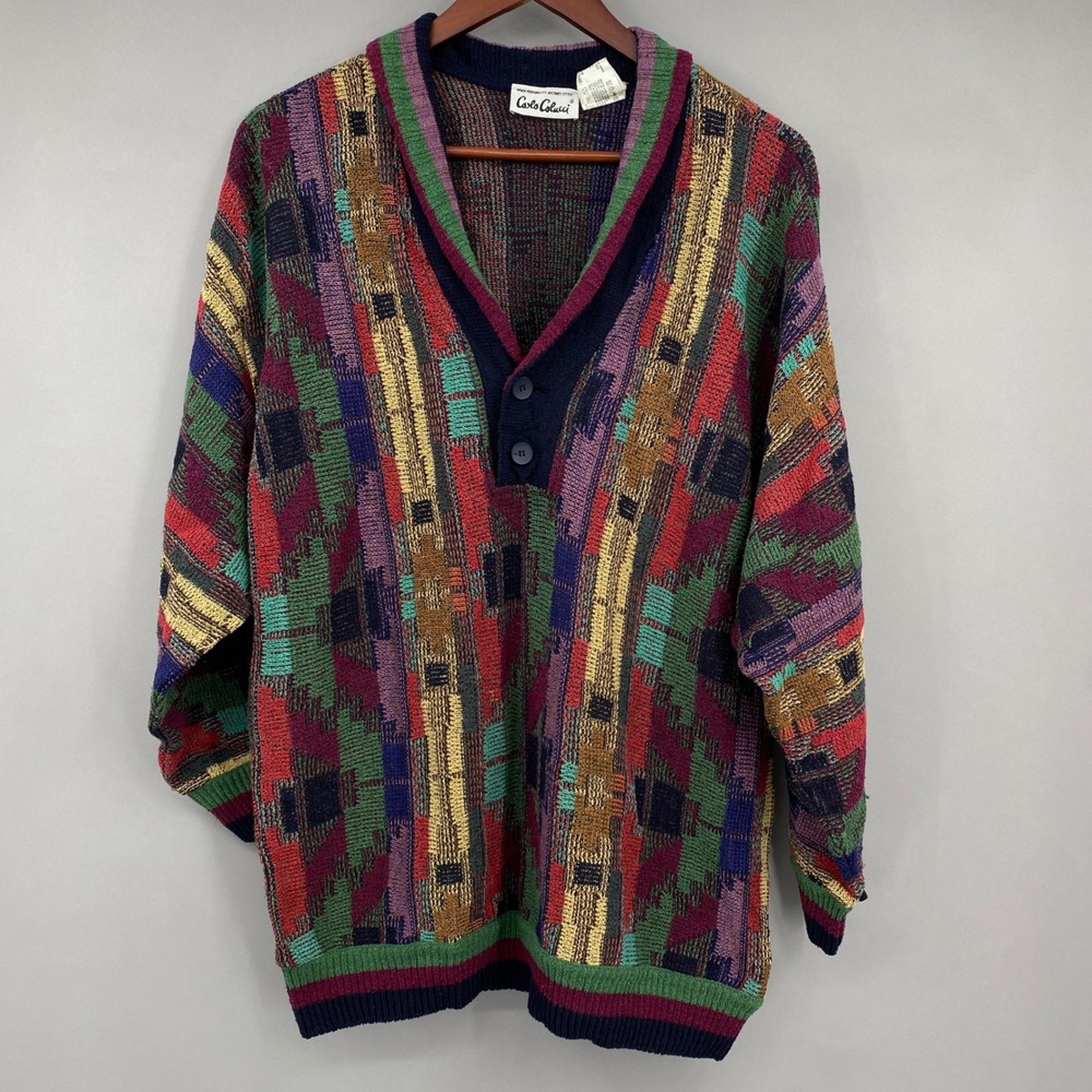 Carlo Colucci Sweater Mens XL Vintage 3D Knit Multi-Color Germany Wool Blend